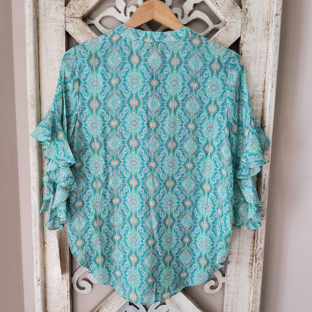 Ruby Rd Ikat Ruffle Sleeve Blouse Small Boho Retro Lightweight Top - Picture 12 of 12